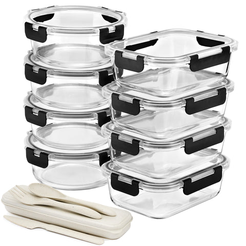 Glass Meal Prep Containers Airtight Lids Mix Shape (Set of 8)