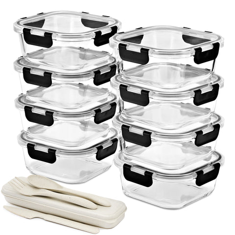 Square Glass Meal Prep Containers Airtight Lids (Set of 8)