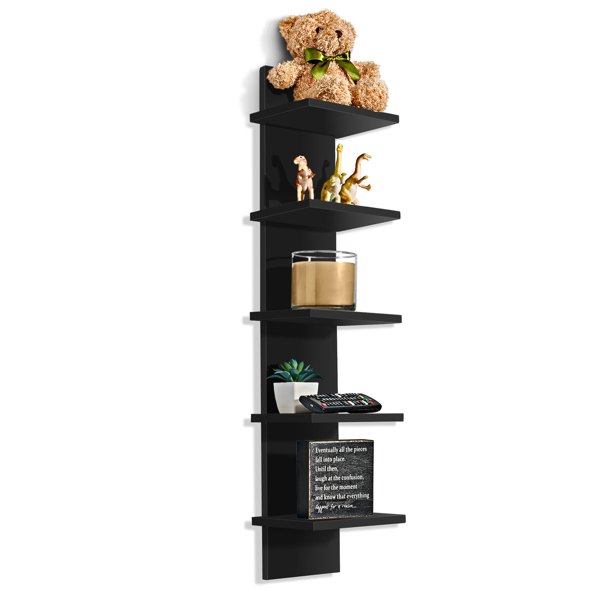 The Sorbus Corner Wall Shelf is a versatile floating vertical unit designed to showcase books, keepsakes, and more while maximizing space. It features five square shelves arranged in a contemporary tower design, adding style and practical storage to any room. Ideal for use in various settings—bathrooms, kitchens, bedrooms, or living rooms—this shelf can function as a wall organizer, bookshelf, or decorative piece. Made from high-quality engineered wood, it is easy to clean and supports up to 22 pounds. Each