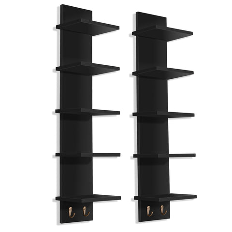 5 Tier Vertical Wall Shelf Unit with Hooks (Set of 2)