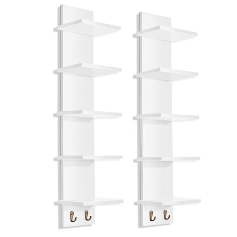 5 Tier Vertical Wall Shelf Unit with Hooks (Set of 2)