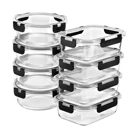 Glass Meal Prep Containers Airtight Lids Mix Shape (Set of 8)