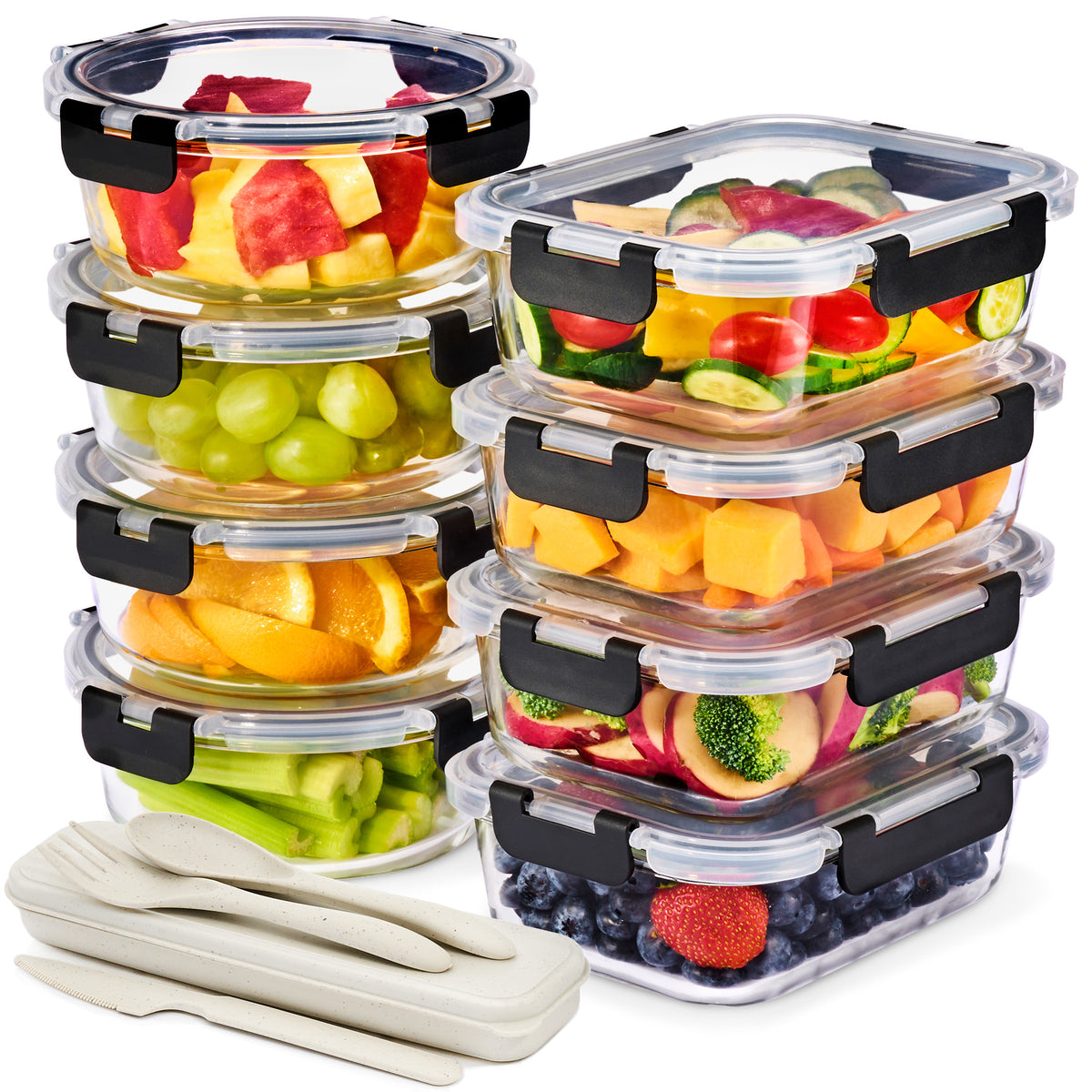 Glass Meal Prep Containers Airtight Lids Mix Shape (Set of 8)