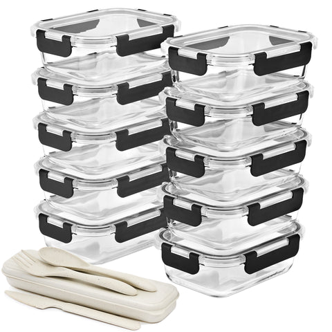 Rectangular Glass Meal Prep Containers Airtight Lids (Set of 10)