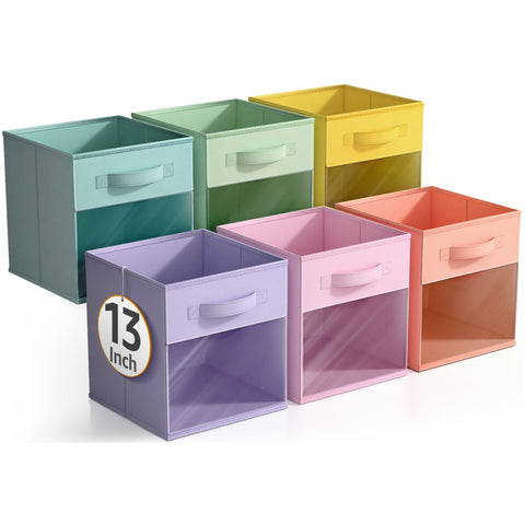 13" Large Cube Storage Bins with Window (6 Pack, Pastel)