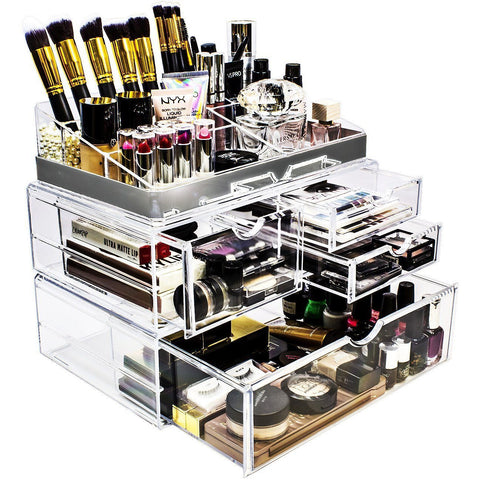 4-Drawer Clear Cosmetic Organizer with Gold Trim