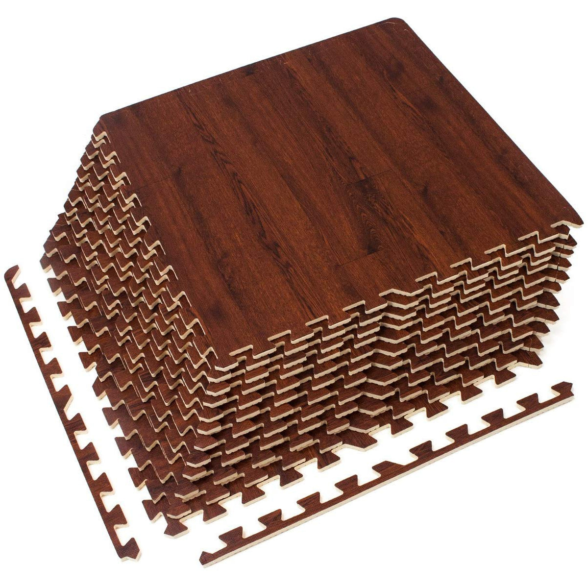 Interlocking Floor Tile Mats - Wood Print (24" x 24") 12 Piece Set