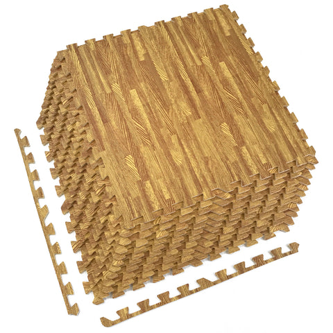 Interlocking Floor Tile Mats - Wood Print (24" x 24") 12 Piece Set