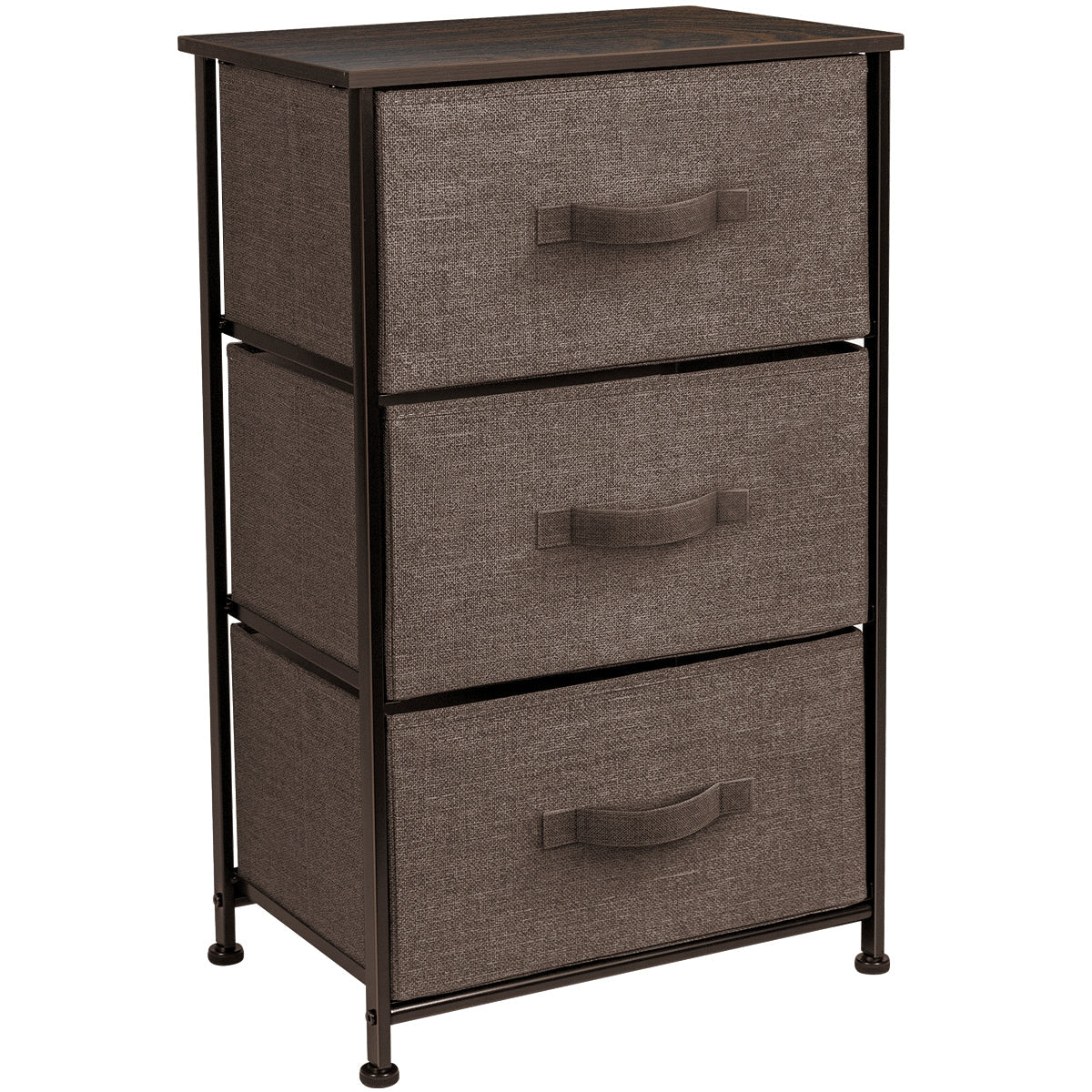 3 Drawers Nightstand Steel Frame Wood Top & Easy Pull-Out Foldable Fabric Bins, Freestanding