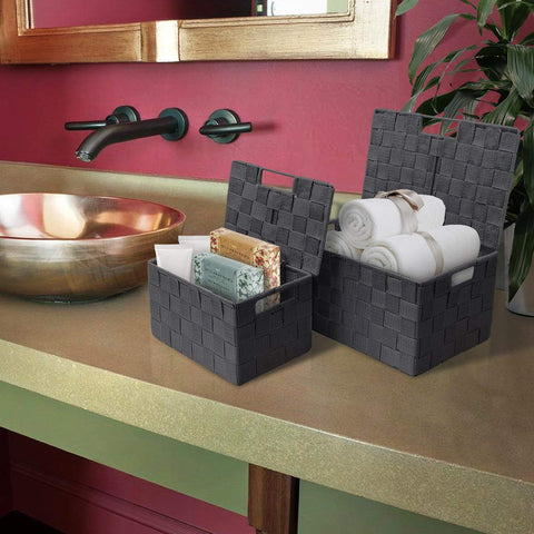 3-Piece Double Woven Basket Bin Set with Lid - Sorbus Home