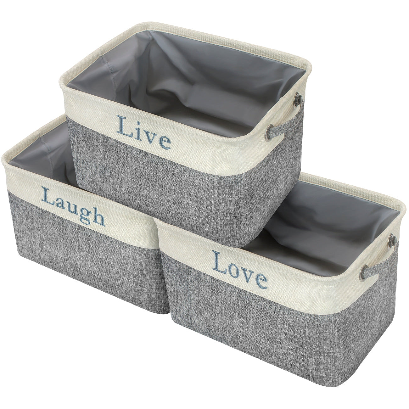 Twill Storage Basket Set - "Live, Love, Laugh" - (Lowercase Text) - Sorbus Home