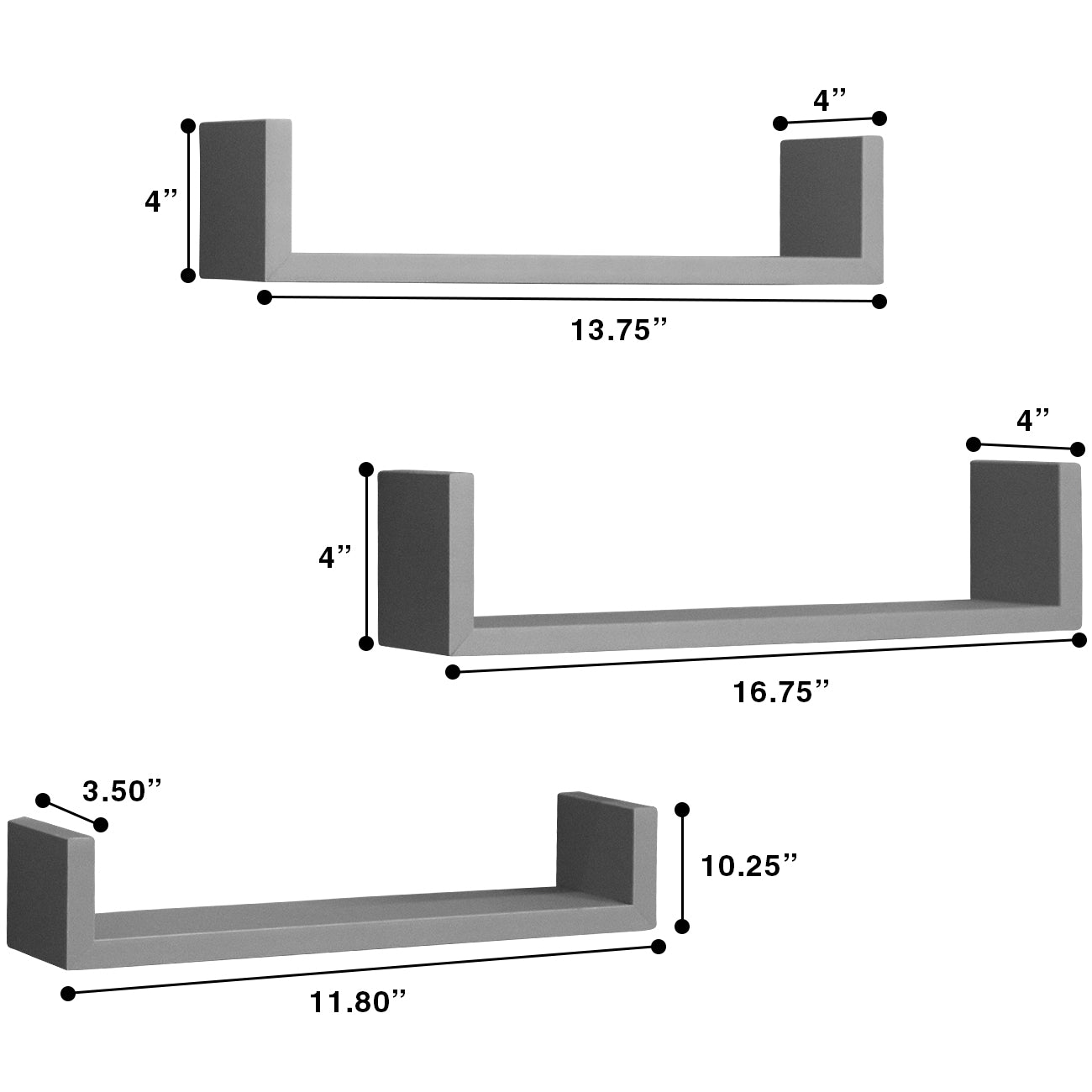 Floating U-Shape Wall Shelves - Gray (Set of 3)