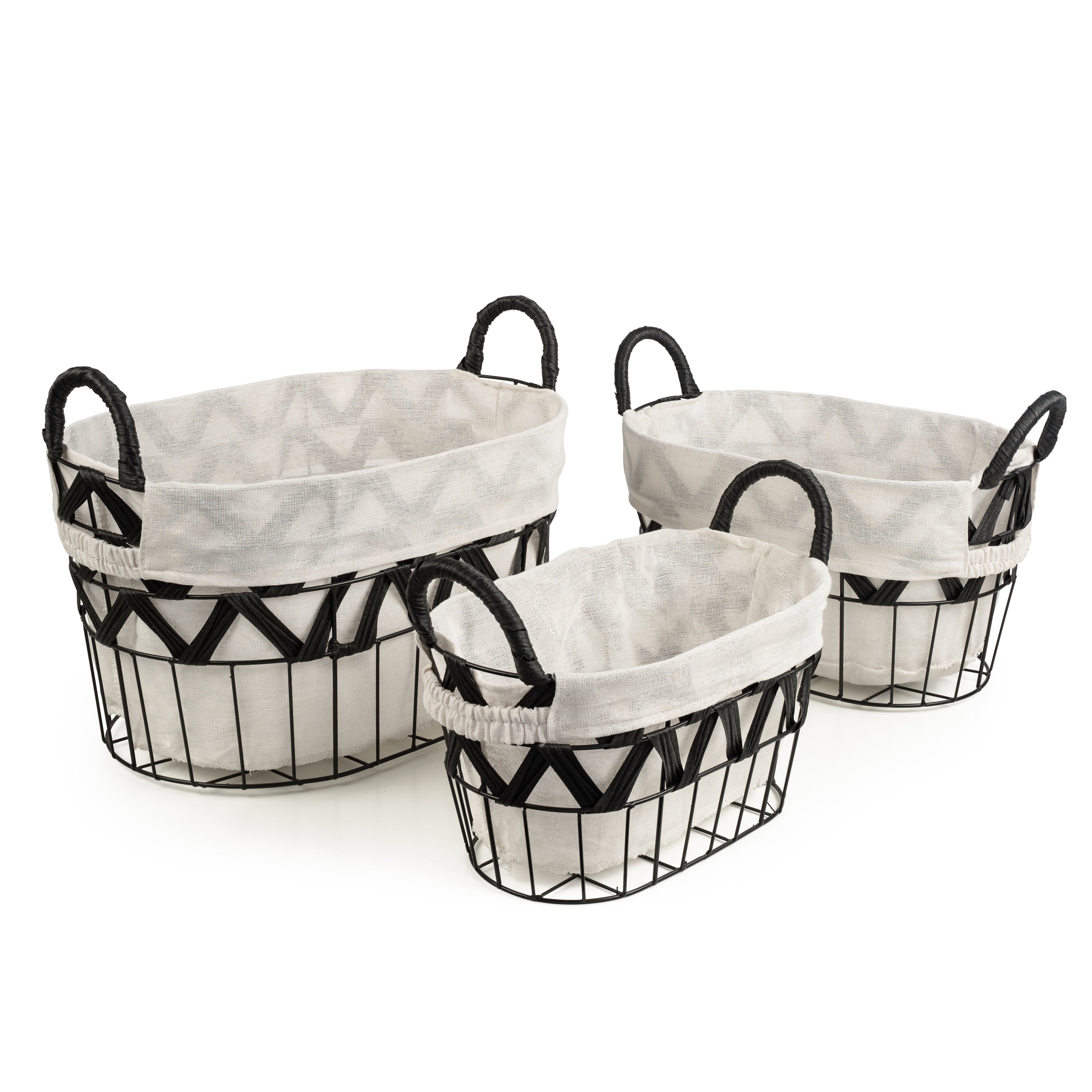Chevron Wire Baskets w/ Fabric Liner (Oval 3-Piece Set)