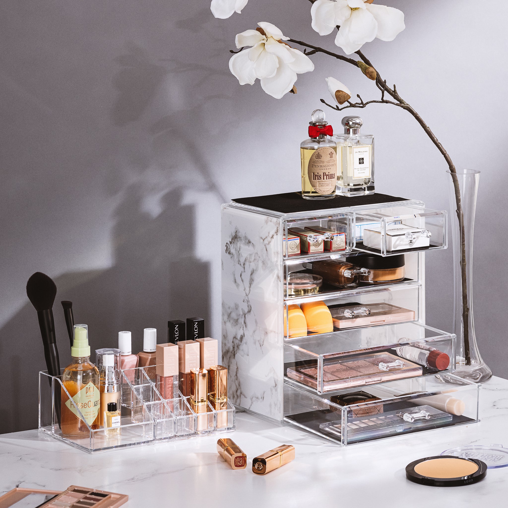 Medium Marble Makeup Organizer Set - (4 large / 2 small drawers/top tray)