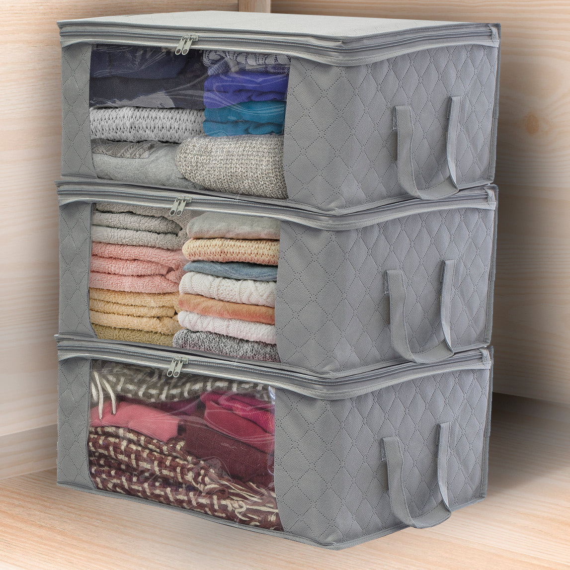 Sorbus Foldable Storage Bag Organizers, 3 Sections, Great for Clothes,  Blankets, Closets, Bedrooms, and More, 2-Pack (Gray)