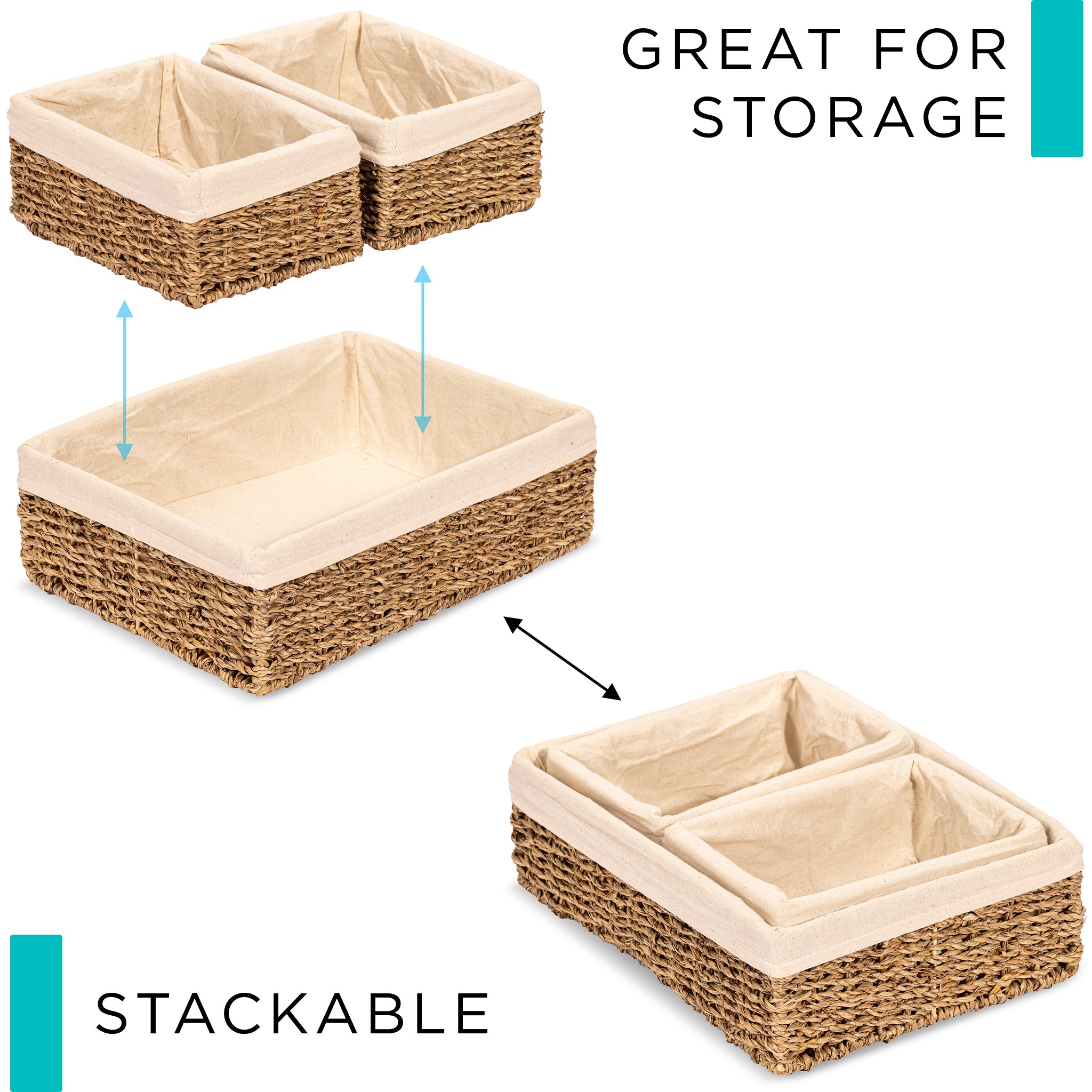 Natural Seagrass Utility Baskets with Liner (3-Piece Set)