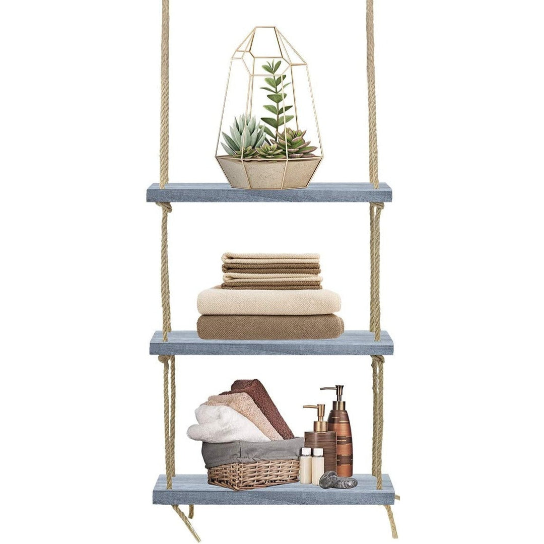 rope hanging shelves for plants Sorbus wood hanging shelf 3-tier Rustic wood swing storage shelves rope organizer rack, floating display shelves (Mahogany)