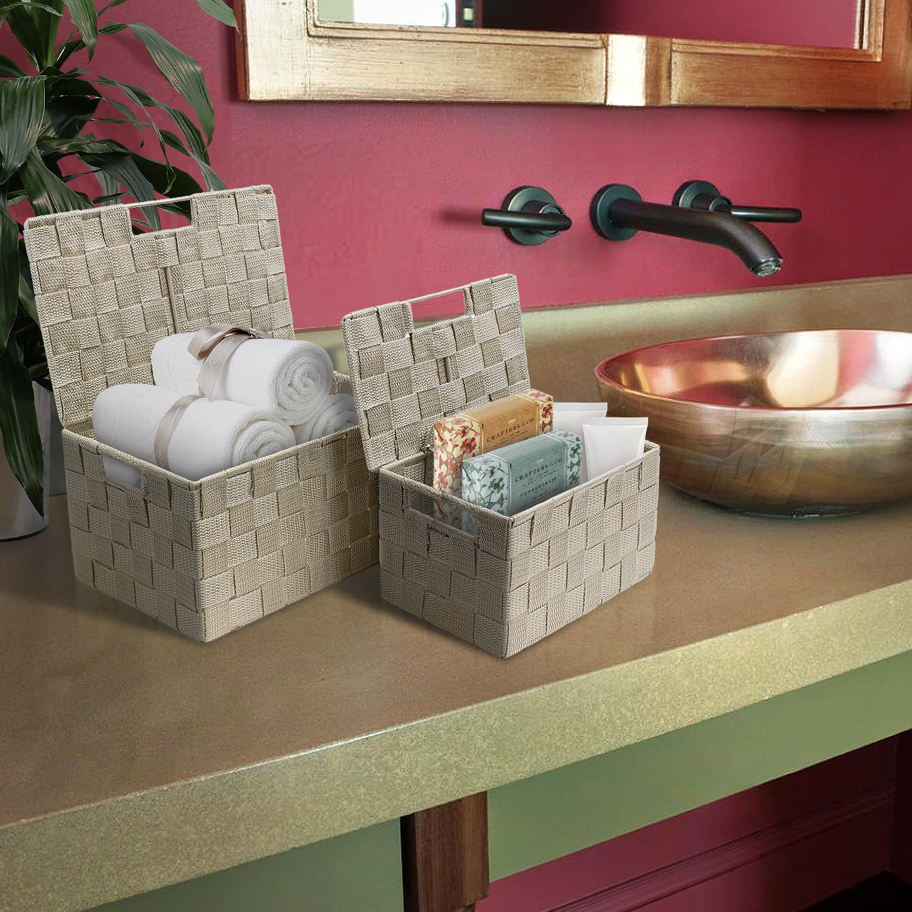 3-Piece Double Woven Basket Bin Set with Lid - Sorbus Home